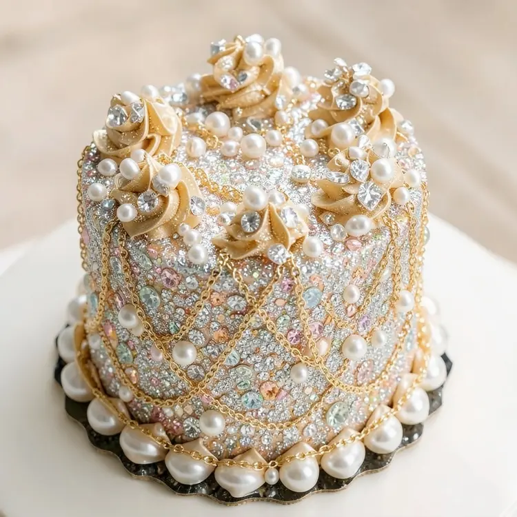 transform the cake from image 1 so it looks as if it is made of gems pearls and golden necklaces, replace the frosting and surface details with sparkling gemstone textures and smooth pearl elements, add delicate strands of gold that mimic jewelry draped across the cake, keep the shape and structure exactly the same, use soft studio lighting to highlight the shine and reflections, create a luxurious high quality look while preserving all original proportions