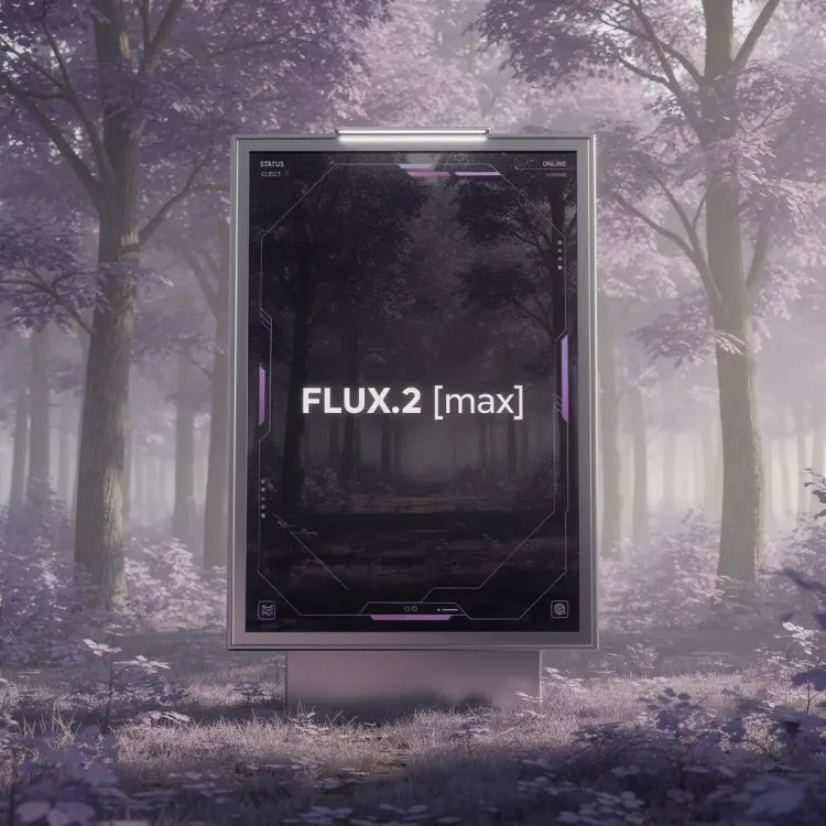 A photorealistic wide shot of a large minimalist digital billboard standing in the middle of a forest filled with purple and lavender-hued trees. Soft violet foliage surrounds the scene, creating a surreal yet elegant atmosphere. The billboard has a sleek metal frame with subtle overhead lights, blending advanced technology with dreamlike nature. On the screen, a dark glass display shows a clean, futuristic UI with gentle lavender and magenta accents. The billboard is transparent, showing the trees behind it. Centered text reads: “FLUX.2 [max]” in a modern sans-serif font, calm, confident, and precise. Soft daylight with a purple color cast, cinematic composition, ultra-high resolution, premium AI launch aesthetic, minimalism, tranquil mood.