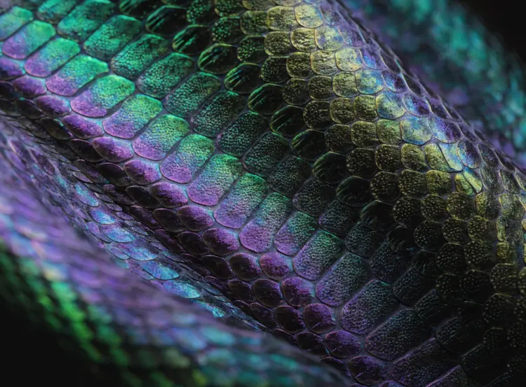 Extreme macro of snake scales filling the frame. Iridescent surface shifting from vibrant neon green to rich violet, smooth luminous transition across overlapping scales. Glossy highlights under dramatic side light reveal fine micro-textures. High contrast, shallow depth of field, razor-sharp focus. Dark minimal background, cinematic macro photography, ultra high resolution.