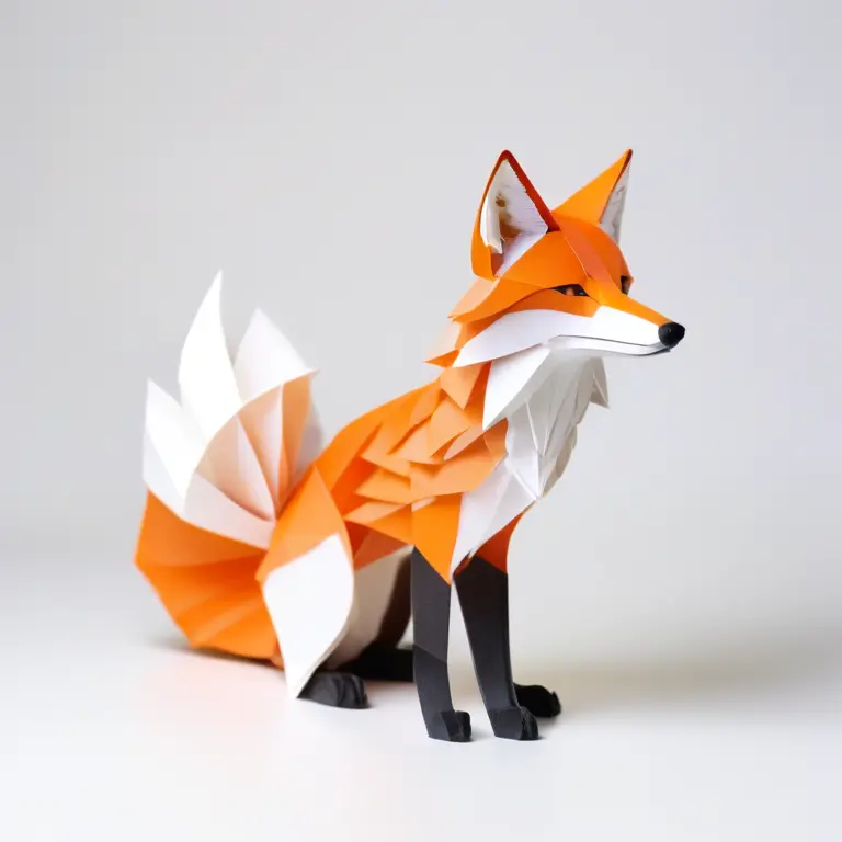 Fox, orange and white paper, pointed ears, curled tail, sly expression with sharp folded eyes.