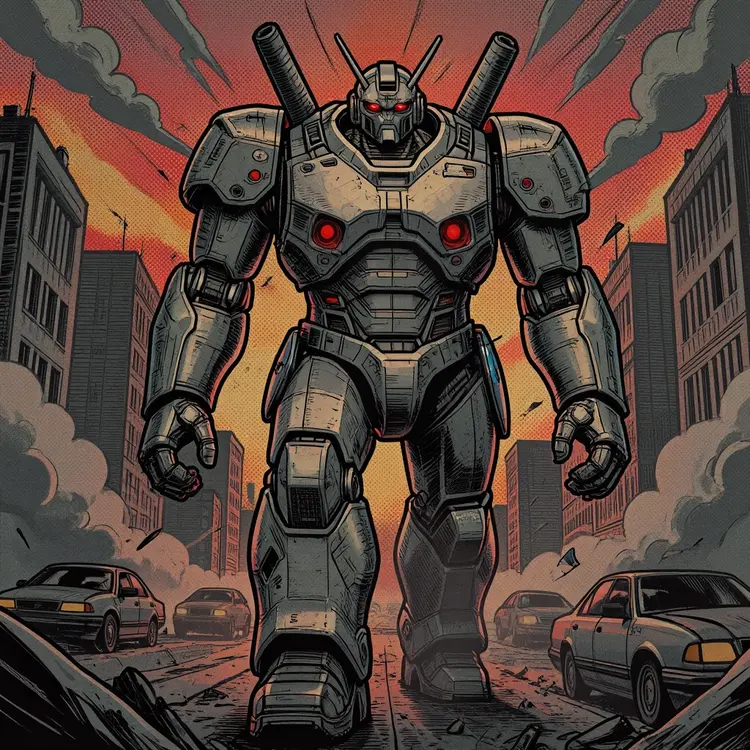 tok_comic_noir A towering, menacing gray mech with red eyes dominates the cityscape, its colossal form walking forward with arms slightly bent at the elbows, hands open as if crushing something. The mech has intricate armor plating, visible seams, and panels, with hints of blue in its metallic surface. Red glowing elements are visible on its chest, shoulders, and head. It has two large antennas on its head. The background features a vibrant orange and red sky with an old comic book halftone pattern effect, filled with stylized clouds and explosions, indicating an ongoing conflict. Several tall buildings, some partially obscured by the mech, line the horizon. Below, the street is in disarray, with three detailed cars in various states of distress, one heavily damaged two-door sedan at the right, one slightly damaged four-door grey sedan just left of center with its lights on, and another four-door car at the left, facing towards the left. Debris and smoke rise from the ground, further emphasizing the destruction. The overall style is reminiscent of a retro comic book, with thick, bold linework, dramatic lighting, and a limited color palette focused on reds, grays, and oranges, conveying a sense of urgency and chaos.