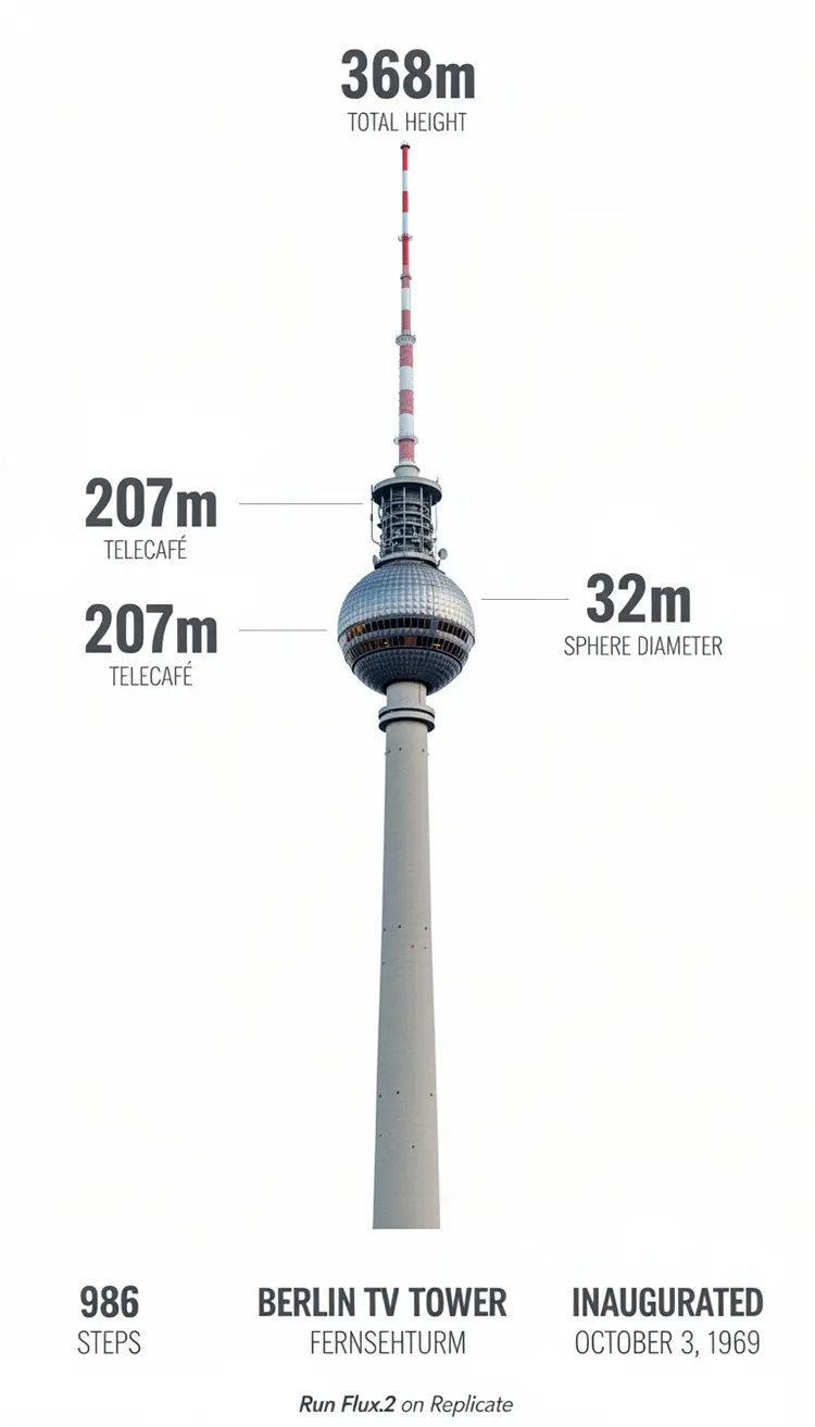 Photorealistic infographic showing the complete Berlin TV Tower (Fernsehturm) from ground base to antenna tip, full vertical view with entire structure visible including concrete shaft, metallic sphere, and antenna spire. Slight upward perspective angle looking up toward the iconic sphere, perfectly centered on clean white background. Left side labels with thin horizontal connector lines: the text '368m' in extra large bold dark grey numerals (#2D3748) positioned at exactly the antenna tip with 'TOTAL HEIGHT' in small caps below. The text '207m' in extra large bold with 'TELECAFÉ' in small caps below, with connector line touching the sphere precisely at the window level. Right side label with horizontal connector line touching the sphere's equator: the text '32m' in extra large bold dark grey numerals with 'SPHERE DIAMETER' in small caps below. Bottom section arranged in three balanced columns: Left - Large text '986' in extra bold dark grey with 'STEPS' in caps below. Center - 'BERLIN TV TOWER' in bold caps with 'FERNSEHTURM' in lighter weight below. Right - 'INAUGURATED' in bold caps with 'OCTOBER 3, 1969' below. At the very bottom center, below the columns, add small italicized text 'Run Flux.2 on Replicate' in medium grey (#A0AEC0). All typography in modern sans-serif font (such as Inter or Helvetica), color #2D3748 unless specified, clean minimal technical diagram style. Horizontal connector lines are thin, precise, and clearly visible, touching the tower structure at exact corresponding measurement points. Professional architectural elevation drawing aesthetic with dynamic low angle perspective creating sense of height and grandeur, poster-ready infographic design with perfect visual hierarchy.