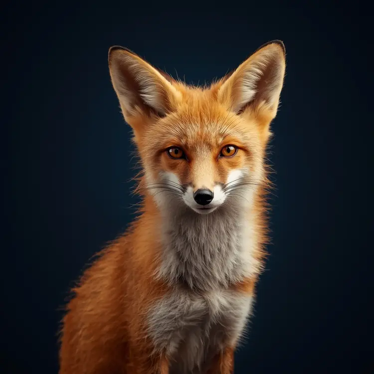 a portrait-style photograph featuring a fox with a slender build and delicate features sitting against a navy blue background that is smooth and untextured. The fox has soft, fluffy orange fur with a lighter patch on its chest and around its nose. Its ears are large and pointed, with a slight perkiness. The eyes are a bright, piercing yellow with a sharp, intelligent glint. The lighting is soft and warm, highlighting the texture of the fur