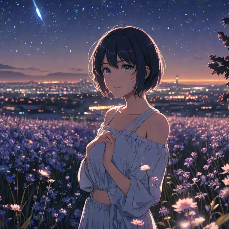 anime girl, night, blue light behind her,  ((Galaxy, Lens flare)), short hair, flower field, night sky, cinematic shot. Wallpaper. (Blue color schema), detailed background, a city in the distance