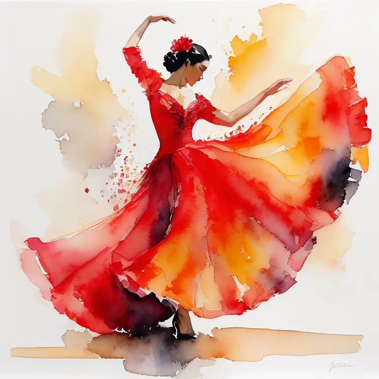 WATERCOLOR, Flamenco dancer in mid-twirl, vivid reds and blacks of her attire, passion captured in her posture, warm oranges and yellows of stage lights, on high-quality watercolor paper, intense and dynamic, movement captured in swirling colors, inspired by Spanish traditions, energetic, ruffles of the dress given depth by color layering, spontaneous brushwork, with audience shadows hinted in background, dramatic, expressive, with splatters to emphasize the raw emotion.
