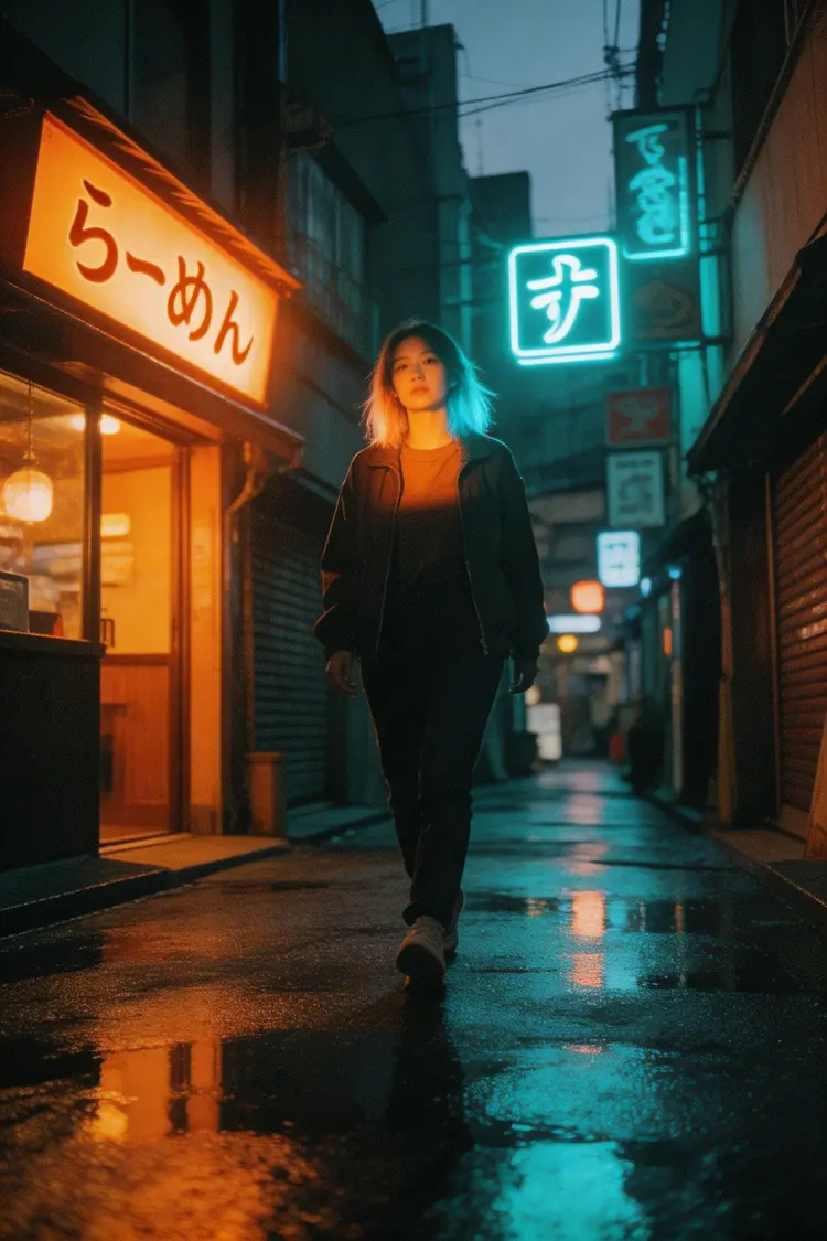 A woman standing in a Tokyo alleyway at dusk, neon signs reflecting off wet pavement. Shot on expired Kodak Portra 800, pushed two stops. The tungsten light from a ramen shop spills warm orange across her face while the neon casts cool cyan highlights on her hair. Visible grain, halation around the light sources, slightly lifted blacks. She's mid-step, caught between two worlds of color.