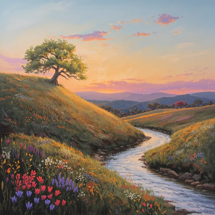 A fine art painting depicting a serene landscape, bathed in the golden light of sunset. The scene features a rolling hill dotted with wildflowers, a lone tree standing tall against the vibrant sky, and a winding river flowing gently through the valley. Oil painting style with visible brushstrokes, medium shot.