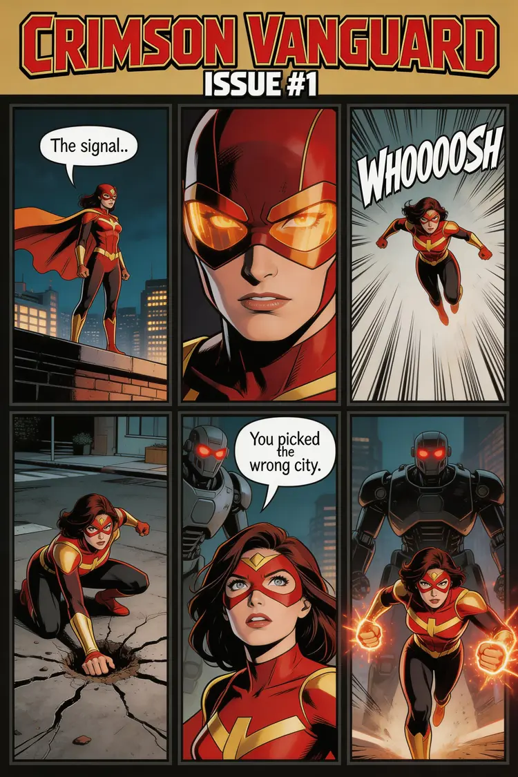 A 2x3 comic strip panel layout in a bold, dynamic superhero style with thick black outlines and vibrant colors. Panel 1: A masked hero in a red and gold suit stands on a rooftop at night, cape billowing, city skyline behind her. Speech bubble: "The signal...". Panel 2: Close-up of her eyes narrowing with determination, reflections of fire in her visor. Panel 3: She leaps off the building, dynamic diagonal composition with speed lines. Sound effect text: "WHOOOOSH". Panel 4: She lands in a crater on a street, one fist down, cracks radiating outward. Panel 5: She looks up at a towering robot with glowing red eyes. Speech bubble: "You picked the wrong city." Panel 6: Wide shot of her charging at the robot, energy crackling from her fists. Bold title at top: "CRIMSON VANGUARD" issue #1.