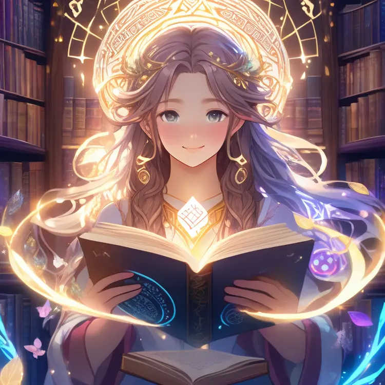 Enchanted Library, a mysterious girl with flowing hair, reading an ancient tome, surrounded by floating books, illuminating runes, and curious magical creatures, depicted in Anime style, with soft, radiant glows, intricately patterned magical symbols, and the girl's expressive eyes capturing a sense of wonder.