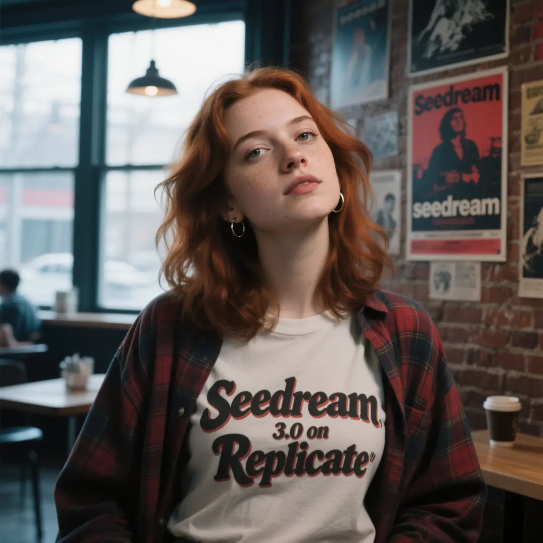 A cinematic, photorealistic medium shot capturing the rebellious energy of early 1990s grunge culture. The focus is a young woman with tousled, shoulder-length auburn hair with natural waves and freckled skin, looking directly and intently into the camera lens with a knowing smirk, her head is looking up slightly. She wears an oversized flannel shirt that says "Seedream 3.0 on Replicate" in huge stylized text over a band tee and simple hoop earrings. The lighting is moody, overcast daylight filtering through windows creating dramatic shadows. The background shows a blurred indoor coffee shop setting with vintage concert posters covering brick walls (one poster says "seedream" in bold concert lettering), rendered with a shallow depth of field. Natural film grain, a desaturated color palette with pops of deep reds and blues, and sharp focus on her expressive eyes enhance the raw, authentic underground feel.