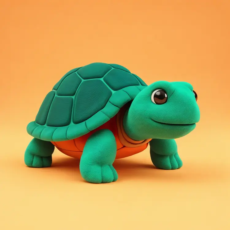 a 3d rendered fuzzy green turtle plush, intricate details, simple orange background