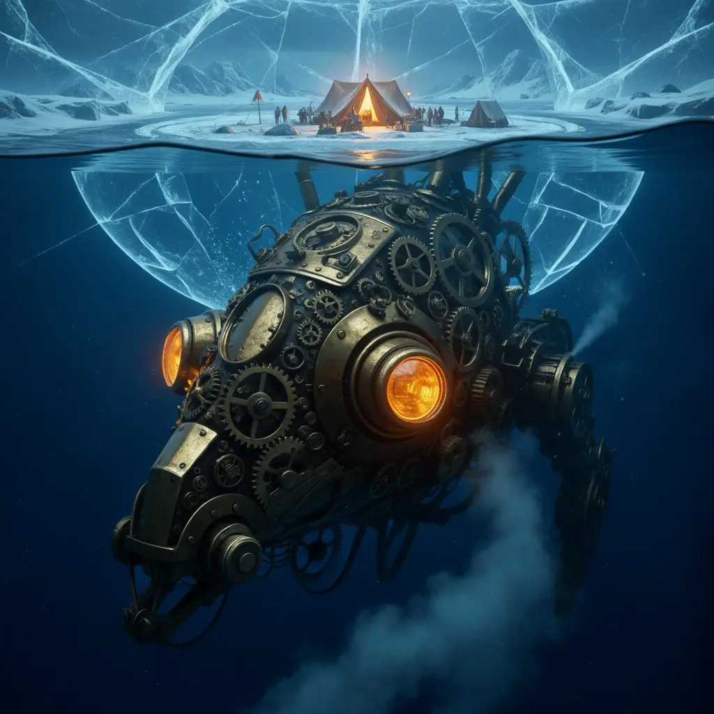 A colossal mechanical leviathan swims beneath a frozen Arctic ocean, visible through cracked translucent ice above. Its brass and steel body is covered in rotating gears, glowing amber lenses for eyes, and trails of steam escaping into the dark water. Above the ice, a small expedition camp glows faintly, unaware of the creature below. Steampunk sci-fi fusion, dramatic contrast, cold blue tones vs warm metallic highlights, cinematic realism, 16:9 composition.
