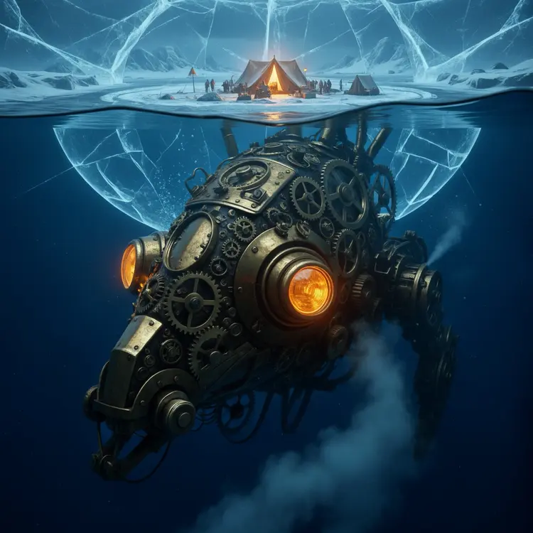 A colossal mechanical leviathan swims beneath a frozen Arctic ocean, visible through cracked translucent ice above. Its brass and steel body is covered in rotating gears, glowing amber lenses for eyes, and trails of steam escaping into the dark water. Above the ice, a small expedition camp glows faintly, unaware of the creature below. Steampunk sci-fi fusion, dramatic contrast, cold blue tones vs warm metallic highlights, cinematic realism, 16:9 composition.