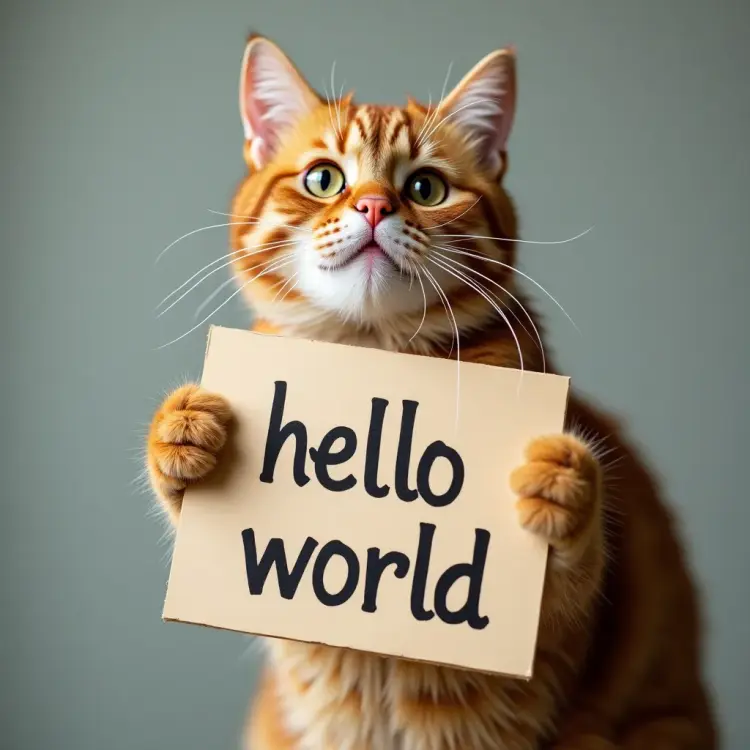 a cat holding a sign that says hello world