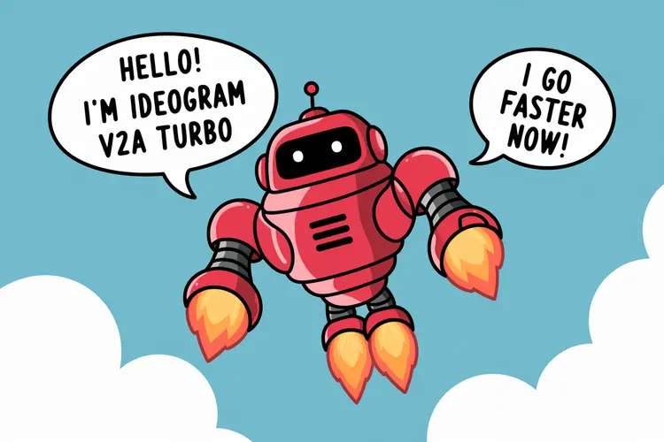 Vector art of a friendly robot, in a speech bubble it says "Hello! I'm Ideogram V2A turbo" in a friendly font, in a second speech bubble it says "I go faster now!", the robot is flying through the sky with turbo boosters