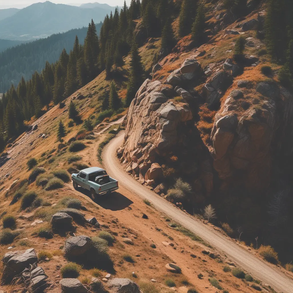 A pickup truck going up a mountain switchback