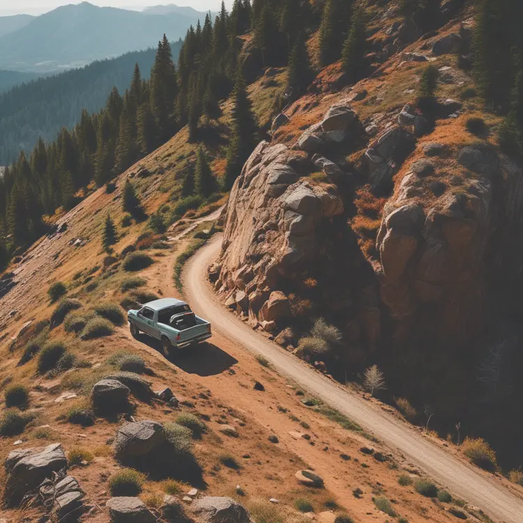 A pickup truck going up a mountain switchback