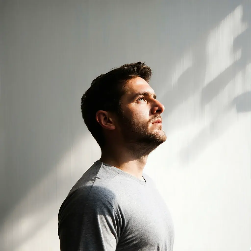 a portrait of a man standing in front of a white wall. He is looking up towards something beyond the frame, fine art photography with dappled light