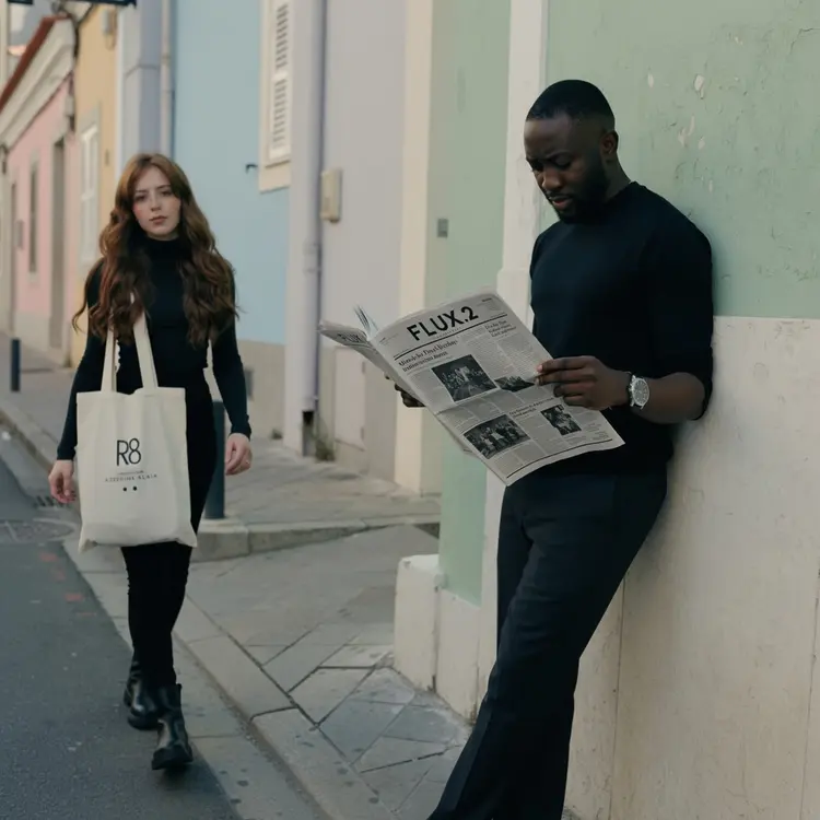 The man is leaning against the wall reading a newspaper with the title "FLUX.2"
The woman is walking past him, carrying one of the tote bags with the text "R8" on it, wearing the black boots The focus is on their contrasting styles, her relaxed, creative vibe versus his formal look.