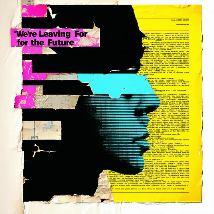 collage art ‘We’re Leaving For the Future’ 1980s #vaporwave aesthetic internet art glued layered magazine cutout image shape scrap, torn ragged paper art, BASIC code, halftone, #pixelart 