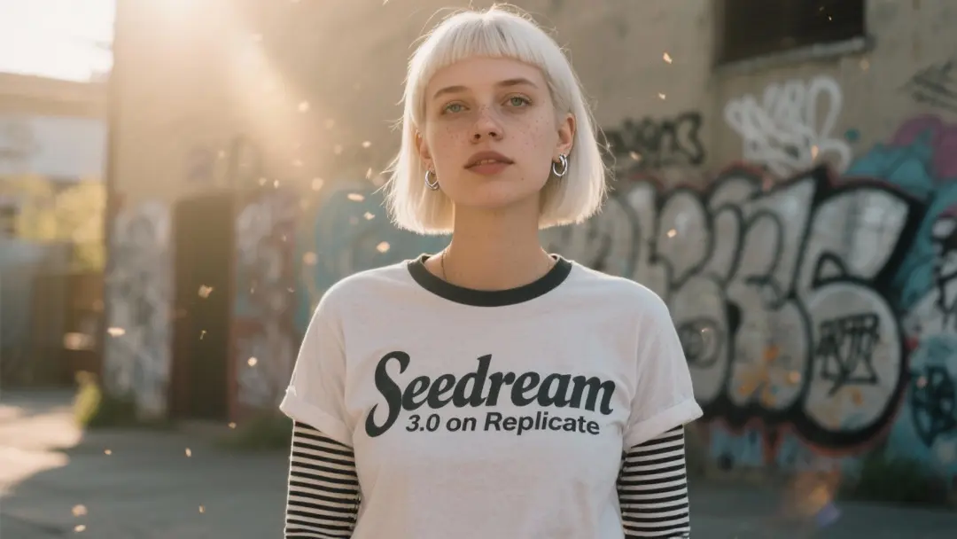 A cinematic, photorealistic medium shot capturing the nostalgic warmth of a mid-2000s indie film. The focus is a young woman with a sleek, straight bob haircut in cool platinum white with freckled skin, looking directly and intently into the camera lens with a knowing smirk, her head is looking up slightly. She wears an oversized band t-shirt that says "Seedream 3.0 on Replicate" in huge stylized text over a long-sleeved striped top and simple silver stud earrings. The lighting is soft, golden hour sunlight creating lens flare and illuminating dust motes in the air. The background shows a blurred outdoor urban setting with graffiti-covered walls (the graffiti says "seedream" in stylized graffiti lettering), rendered with a shallow depth of field. Natural film grain, a warm, slightly muted color palette, and sharp focus on her expressive eyes enhance the intimate, authentic feel