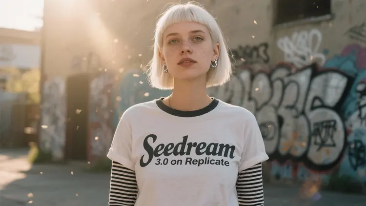 A cinematic, photorealistic medium shot capturing the nostalgic warmth of a mid-2000s indie film. The focus is a young woman with a sleek, straight bob haircut in cool platinum white with freckled skin, looking directly and intently into the camera lens with a knowing smirk, her head is looking up slightly. She wears an oversized band t-shirt that says "Seedream 3.0 on Replicate" in huge stylized text over a long-sleeved striped top and simple silver stud earrings. The lighting is soft, golden hour sunlight creating lens flare and illuminating dust motes in the air. The background shows a blurred outdoor urban setting with graffiti-covered walls (the graffiti says "seedream" in stylized graffiti lettering), rendered with a shallow depth of field. Natural film grain, a warm, slightly muted color palette, and sharp focus on her expressive eyes enhance the intimate, authentic feel