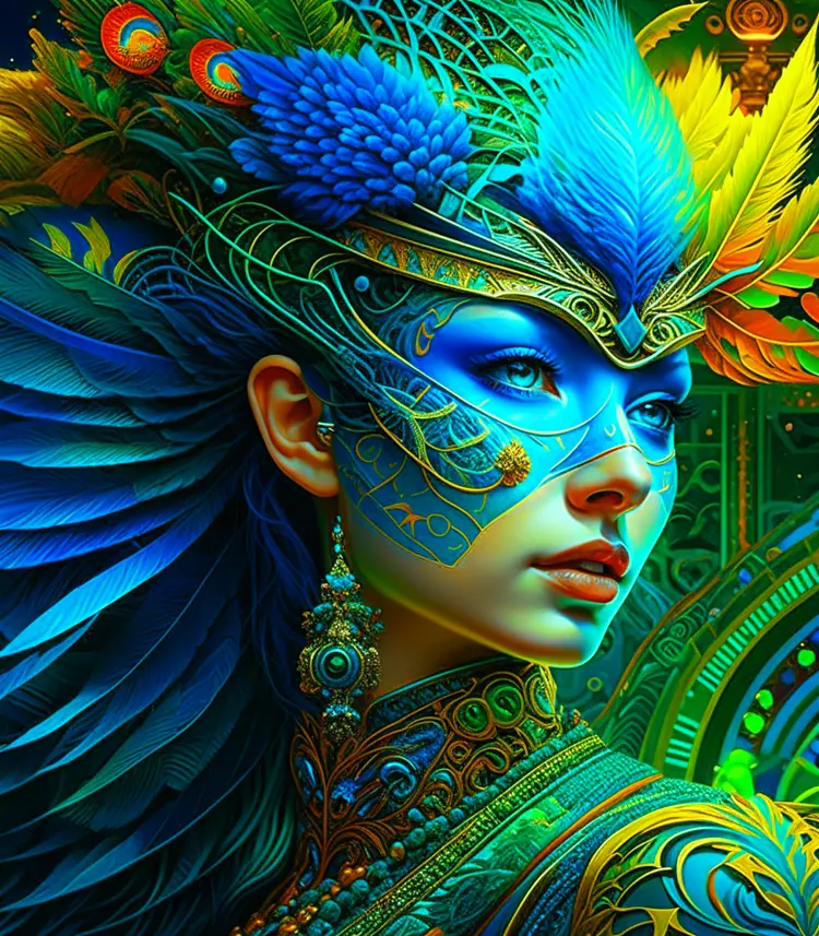 Detailed portrait of a masked woman, bright peacock feathers, complex, elegant, highly detailed, digital painting, art, fluid, illustration, green highlighted lines, complex patterns, cyberpunk Alphonse Mucha