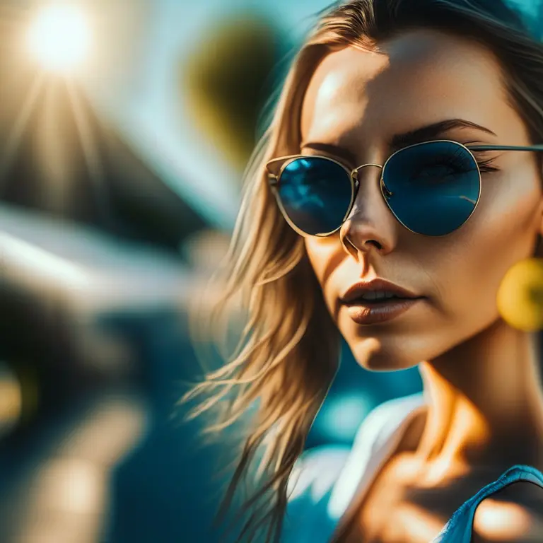 a portrait photo of a woman in sunglasses, garden city, summer dress, street photography, detailed, 8k, morning, soft light, bokeh, cool tones, blue sky