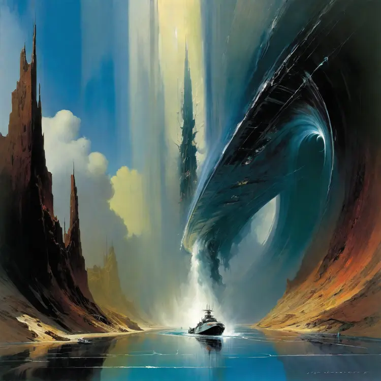 John Berkey Style page,ral-oilspill, There is no road ahead,no land, Strangely,the river is still flowing,crossing the void into the mysterious unknown, The end of nothingness,a huge ripple,it is a kind of wave,and it is the law of time that lasts forever in that void, At the end of the infinite void,there is a colorful world,very hazy and mysterious,and it cannot be seen clearly,but it is real, And that's where the river goes