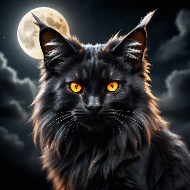black fluffy gorgeous dangerous cat animal creature, large orange eyes, big fluffy ears, piercing gaze, full moon, dark ambiance, best quality, extremely detailed