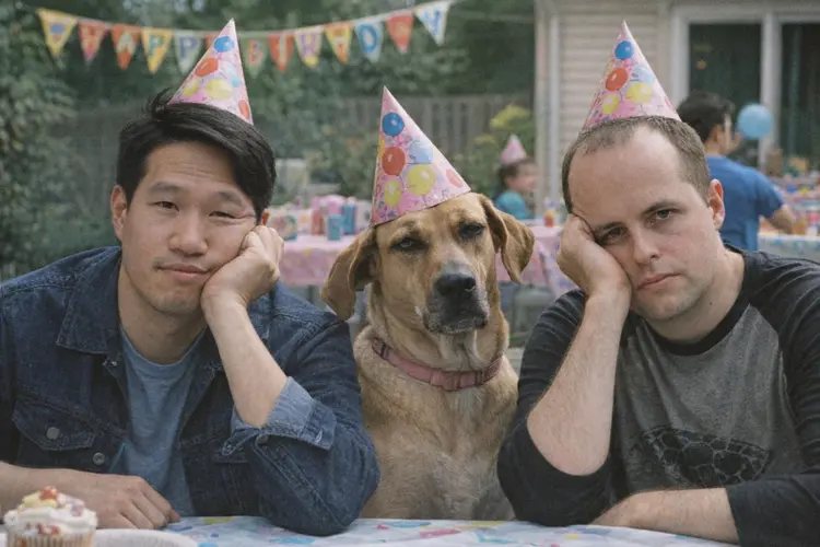 Combine the two men and the dog in a 2000s film camera-style photo of them looking bored at a kids birthday party.