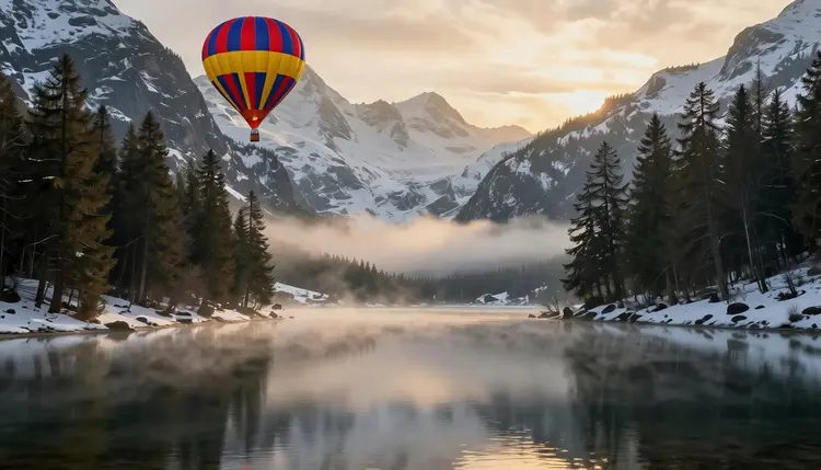 Add a single colorful hot air balloon with red, yellow and blue stripes floating in the upper-left portion of the sky over the mountains. Keep everything else in the landscape exactly the same.
