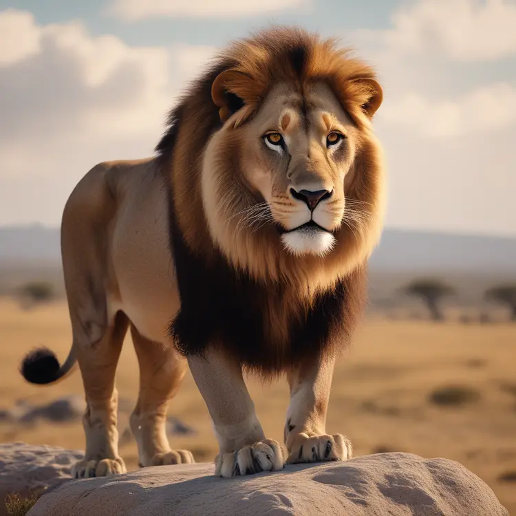 a  majestic lion stands proudly on a rock, overlooking the vast African savannah