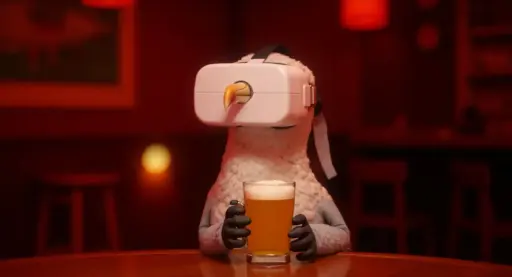 El pájaro ahora está sentado en un bar y disfrutando de una cerveza