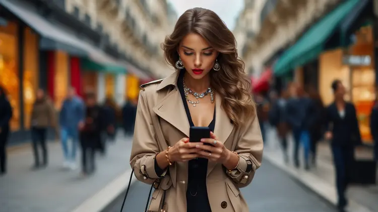 photorealistic fashionable lady full body shot in street texting