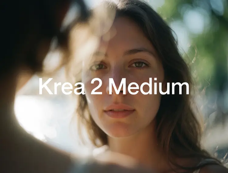 The text "Krea 2 Medium" positioned in the dead center, in large helvetica font. An authentic, candid film portrait of a young woman, captured on high-ISO analog stock. Rich textures, fine film grain, and a subtle vintage color cast. A wide-open aperture creates a shallow depth of field, dissolving the background into creamy bokeh and pulling all focus to the expression in her eyes.