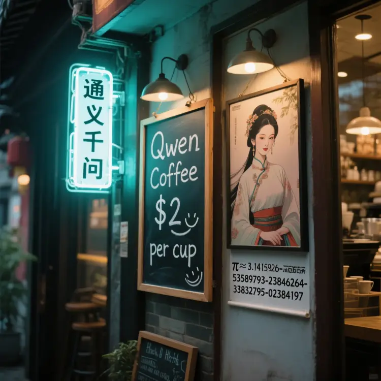 A coffee shop entrance features a chalkboard sign reading "Qwen Coffee 😊 $2 per cup," with a neon light beside it displaying "通义千问". Next to it hangs a poster showing a beautiful Chinese woman, and beneath the poster is written "π≈3.1415926-53589793-23846264-33832795-02384197". Ultra HD, 4K, cinematic composition