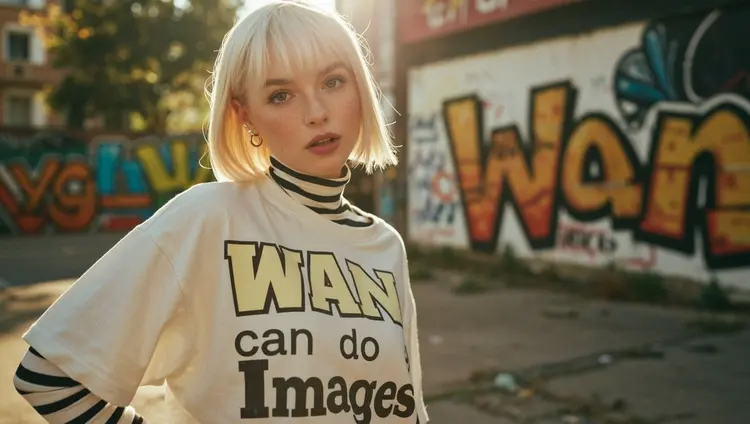 A cinematic, photorealistic medium shot capturing the nostalgic warmth of a mid-2000s indie film. The focus is a young woman with a sleek, straight bob haircut in cool platinum white with freckled skin, looking directly and intently into the camera lens with a knowing smirk, her head is looking up slightly. She wears an oversized band t-shirt that says “WAN can do Images" in huge stylized text over a long-sleeved striped top and simple silver stud earrings. The lighting is soft, golden hour sunlight creating lens flare and illuminating dust motes in the air. The background shows a blurred outdoor urban setting with graffiti-covered walls (the graffiti says “Wan" in stylized graffiti lettering), rendered with a shallow depth of field. Natural film grain, a warm, slightly muted color palette, and sharp focus on her expressive eyes enhance the intimate, authentic feel