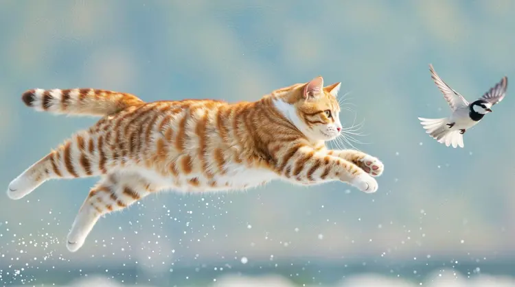 a cat jumping in the air to catch a flying bird