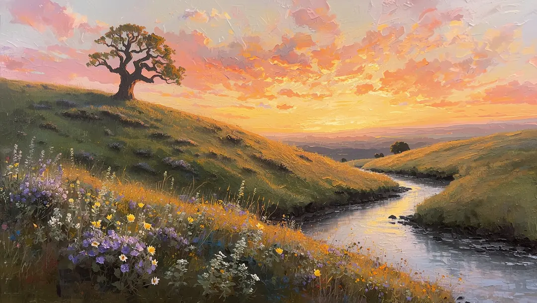 A fine art painting depicting a serene landscape, bathed in the golden light of sunset. The scene features a rolling hill dotted with wildflowers, a lone tree standing tall against the vibrant sky, and a winding river flowing gently through the valley. Oil painting style with visible brushstrokes, medium shot.