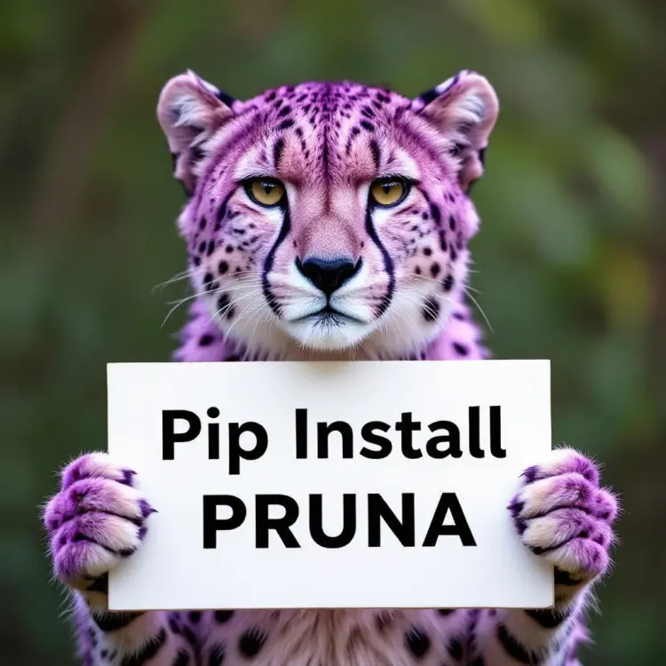a purple cheetah holding a sign that says "pip install pruna"