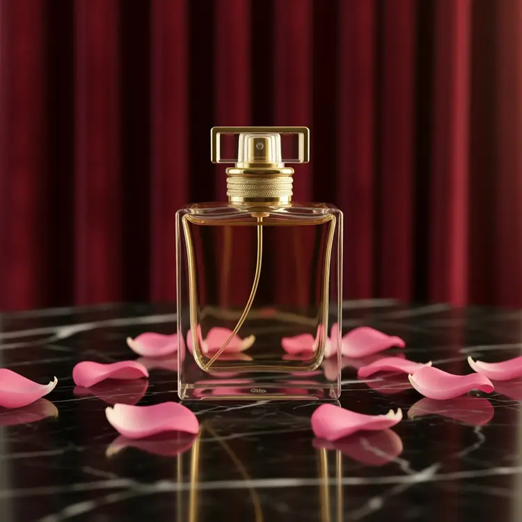 Place the perfume bottle on a polished black marble surface, surrounded by scattered fresh pink rose petals, with warm golden hour lighting and a softly blurred background of velvet drapes.
