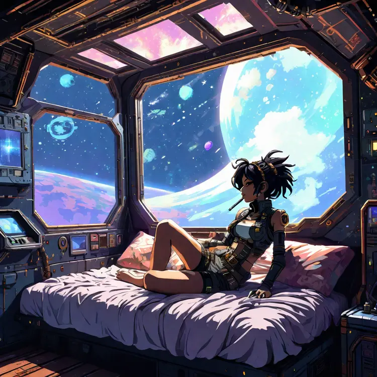 high quality pixel art, a pixel art silhouette of an anime space-themed girl in a space-punk steampunk style, lying in her bed by the window of a spaceship, smoking, with a rustic feel. The image should embody epic portraiture and double exposure, featuring an isolated landscape visible through the window. The colors should primarily be dynamic and action-packed, with a strong use of negative space. The entire artwork should be in pixel art style, emphasizing the characters shape and set against a white background. Silhouette