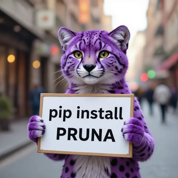 a purple cheetah holding a sign that says "pip install pruna"