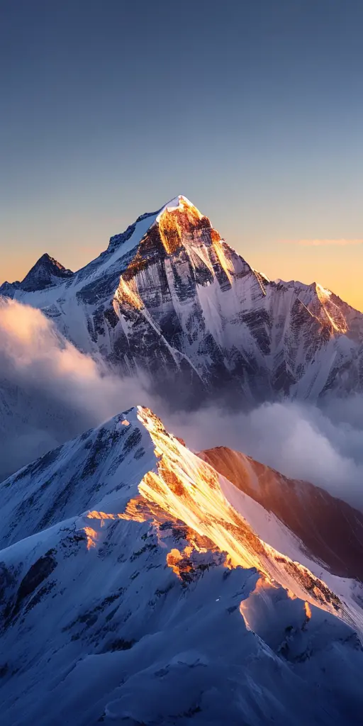 Close-up of the top peak of Aconcagua, a snow-covered mountain in the Himalayas at sunrise during the golden hour. Award-winning photography, shot on a Canon EOS R5 in the style of Ansel Adams.