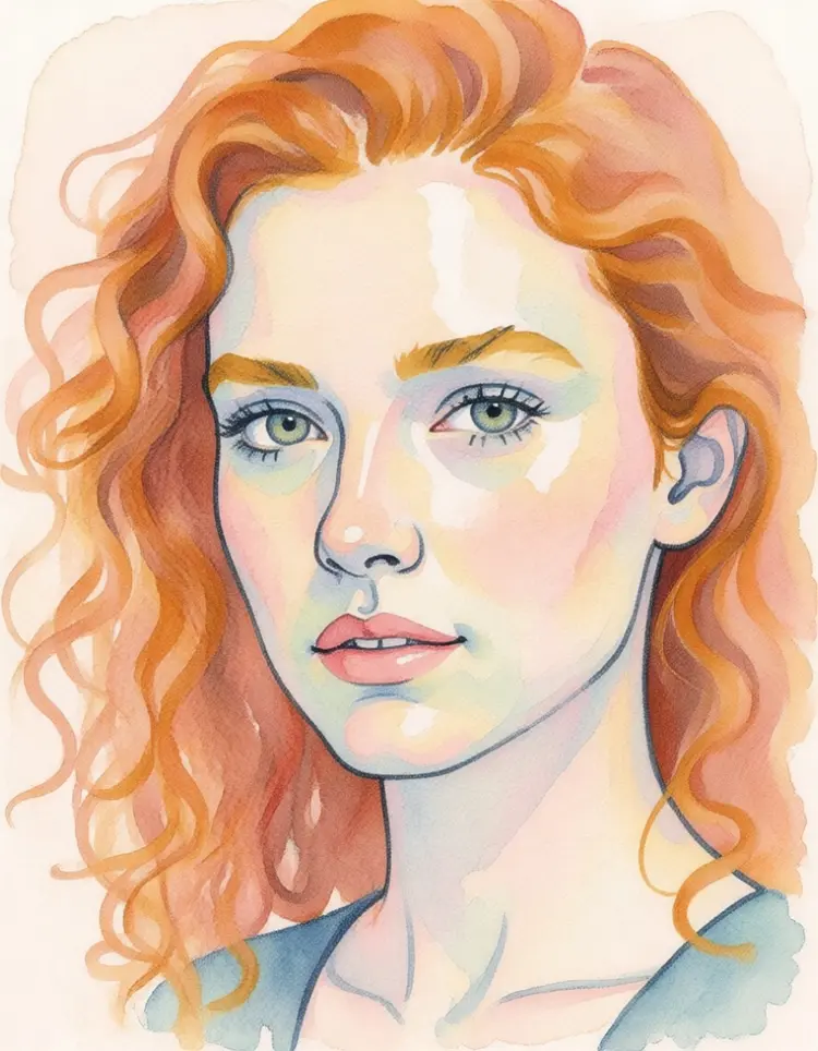 Transform the portrait into a soft watercolor painting with visible paper texture, gentle pastel washes of peach, sage and blush tones, loose brush strokes, and ink outlines around the face. Keep the subject's identity recognizable.
