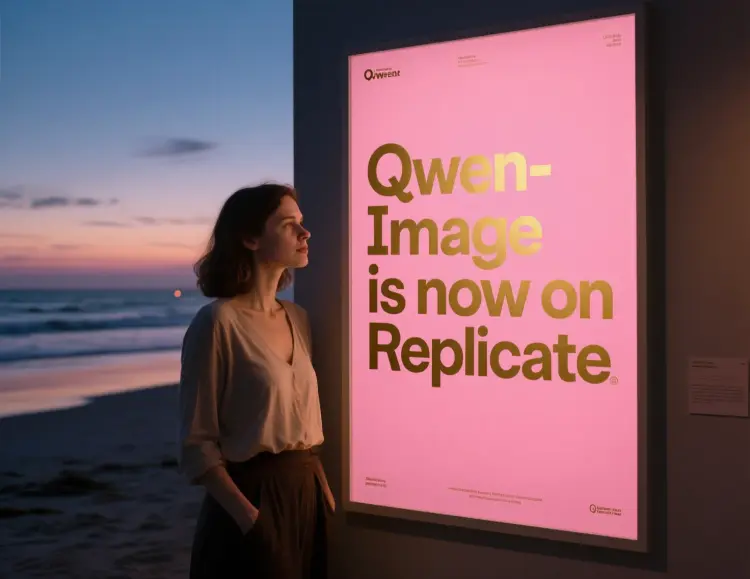 a photo of a woman standing next to a poster, the poster is a beautiful typographical poster that says "Qwen-Image is now on Replicate" against a solid pink and gold background. Behind the woman it is twilight and a beach scene.