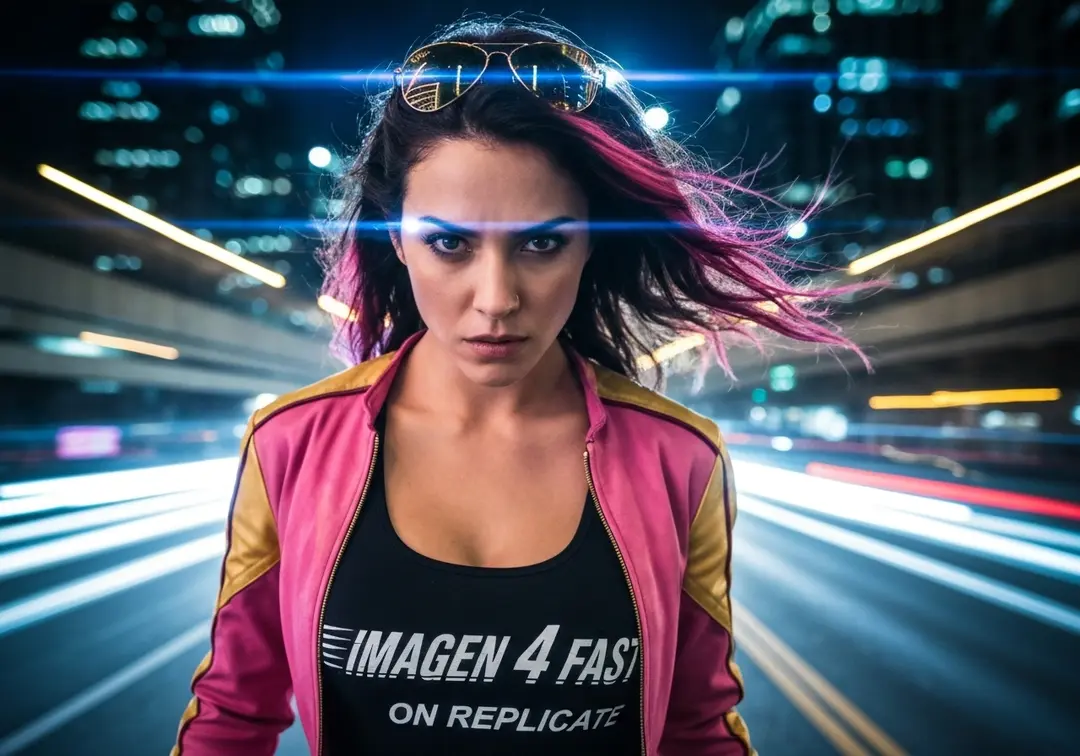 The photo: Create a cinematic, photorealistic medium shot capturing the dynamic energy of a high-octane action film. The focus is a young woman with wind-swept dark hair streaked with pink highlights and determined features, looking directly and intently into the camera lens, she is slightly off-center. She wears a fitted pink and gold racing jacket over a black tank top with "Imagen 4 Fast" in motion-stylized lettering and on the next line "on Replicate" emblazoned across the chest and aviator sunglasses pushed up on her head. The lighting is dramatic with motion blur streaks and neon reflections from passing city lights, creating dynamic lens flares and light trails (they do not cover her face). The background shows a blurred urban nightscape with streaking car headlights and illuminated skyscrapers rushing past, rendered with heavy motion blur and shallow depth of field. High contrast lighting, vibrant neon color palette with deep blues and electric yellows, and razor-sharp focus on her intense eyes enhance the fast-paced, electrifying atmosphere. She is illuminated while the background is darker.