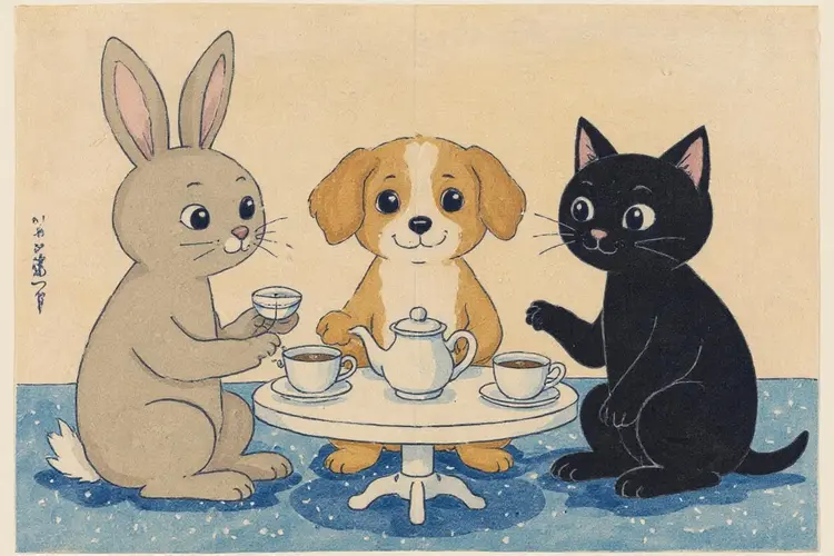 Using this style, a bunny, a dog and a cat are having a tea party seated around a small white table