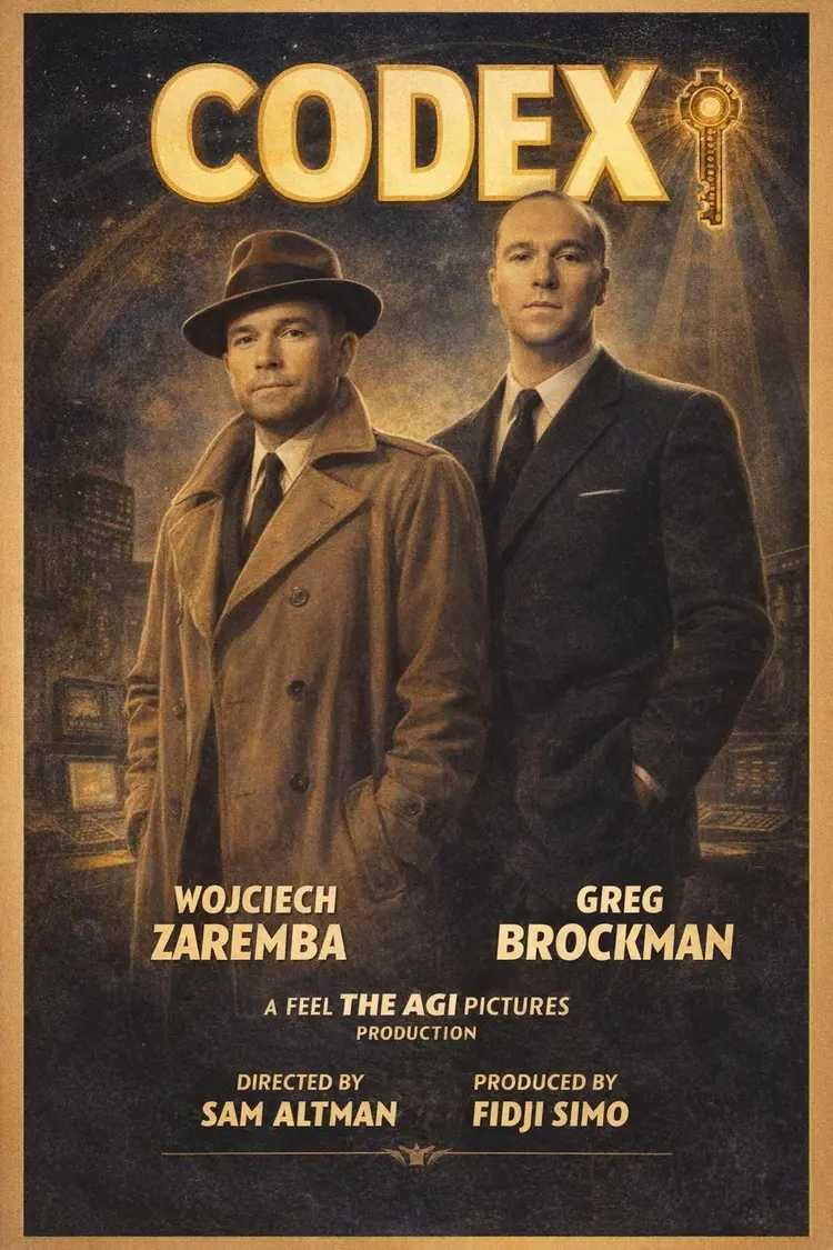 Make an old school golden age hollywood movie poster of a movie called 'codex' from the image of these two men. feel free to change their costumes to fit the times

Change the names of the actors to Wojciech Zaremba (left) and Greg Brockman (right) 

Directed by Sam Altman, produced by Fidji Simo. A Feel the AGI Pictures Production.